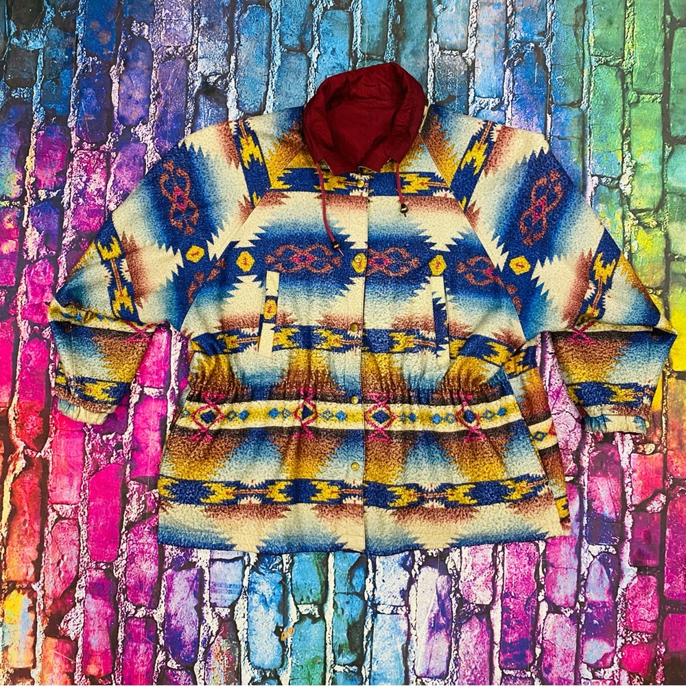Vintage Button Up Jacket Aztec Women's X-large reversible windbreaker